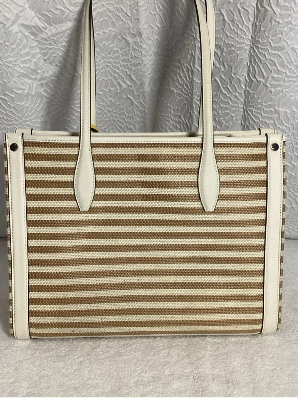 Kate Spade Market Stripe Medium Parchment Color Woven Canvas Tote Bag w/ Charm
